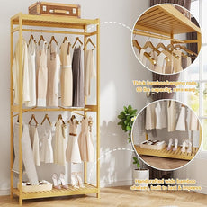 Homykic Bamboo Clothes Rack with Shelves and Double Hang Rods, Portable Closet System Garment Rack for Hanging Clothes, Tall Clothing Rack Corner Closet Organizer, Easy to Built, Natural
