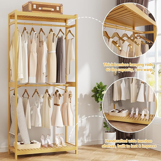 Homykic Bamboo Clothes Rack with Shelves and Double Hang Rods, Portable Closet System Garment Rack for Hanging Clothes, Tall Clothing Rack Corner Closet Organizer, Easy to Built, Natural
