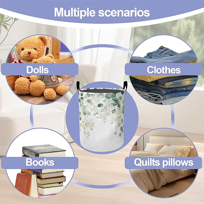 Laundry Basket,Vintage Eucalyptus Leaves Large Canvas Fabric Lightweight Storage Hamper Organizer Dirty Clothes Collapsible Waterproof for College Dorms,Bathroom
