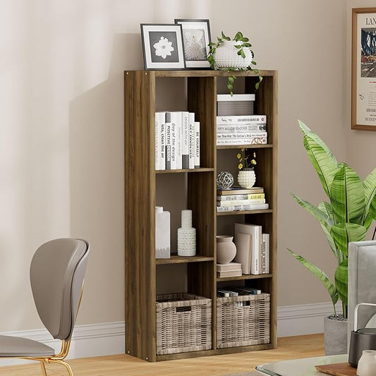 7 Cube Storage Organizer, Cube Shelf with Heavy-Duty Thick Boards, 25.12" L x 9.37" W x 48.74" H, Smooth Easy-Clean Panels, Simple Assembly, for Living Room Bedroom Office, Brown