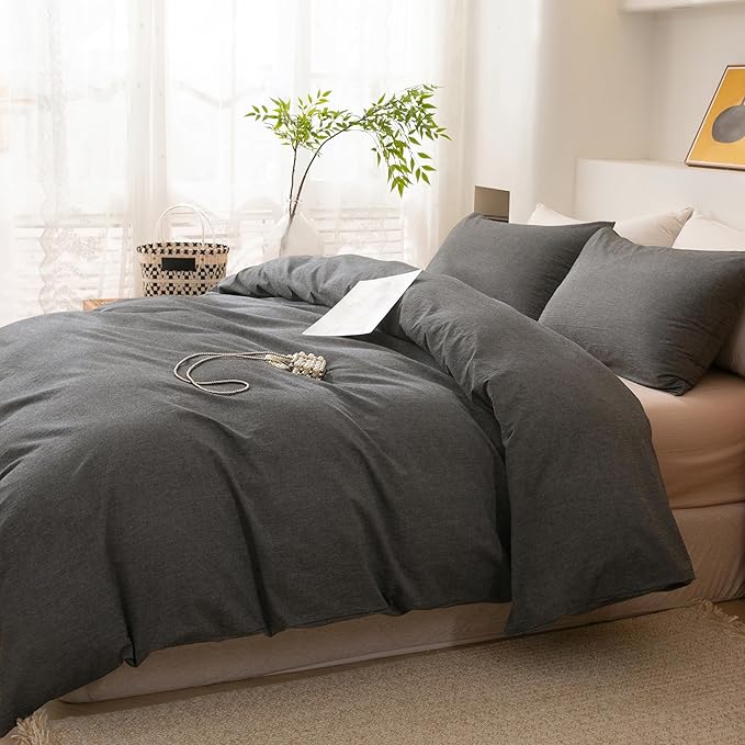 ECOCOTT 100% Washed Cotton Duvet Cover Super Queen Size – Soft & Breathable Linen Feel Bedding Set, 3 Pieces Grey Comforter Cover with Zipper Closure for All Seasons