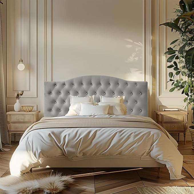 Velvet Upholstered Headboard Queen/Full Size Latest Model Wall Mount, Bed Frame Mount, Featuring High-Density Sponge Padding, Luxury Texture Easy Assembly Comfort and Style-Light Gray