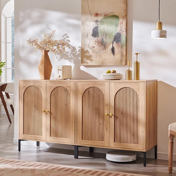 Bathroom Cabinet with Storage, 61.75" W Fluted Arched Free Standing Floor Cabinet w/Adjustable Shelves, Modern Sideboard Cabinet for Bathroom, Kitchen, Living Room, Entryway, Natural