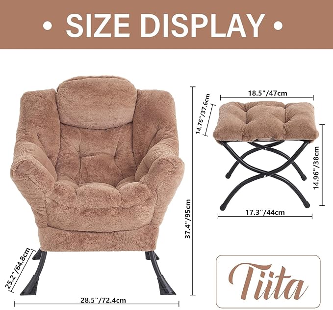 Tiita Lazy Chair with Ottoman, Modern Large Accent Lounge Chair, Leisure Sofa Armchair with Ottoman, Reading Chair with Footrest for Bedroom, Living Room, Dorm Rooms, Garden and Courtyard