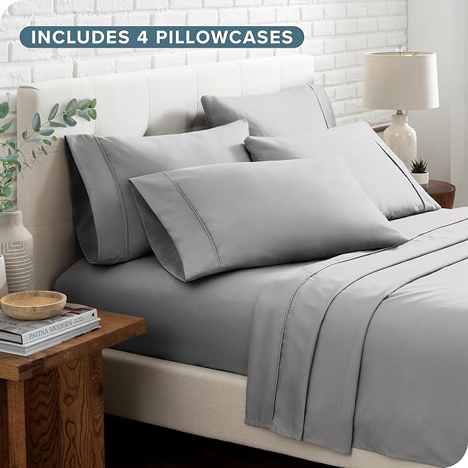 Bare Home Hotel Luxury Full XL Sheet Set, Extra Soft - 6 Piece Set - Deep Pockets - Easy Fit - Cooling & Breathable - Wrinkle, Fade, Stain Resistant - Includes 4 Pillowcases (Full XL, Light Grey)
