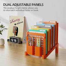 File Organizer for Desk with Storage Box & Hook, Inclined Desk File Organizer with 5-Section Vertical File Holder suitable for Home Office Document Organization(Orange01)