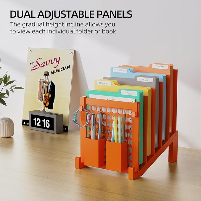 File Organizer for Desk with Storage Box & Hook, Inclined Desk File Organizer with 5-Section Vertical File Holder suitable for Home Office Document Organization(Orange01)