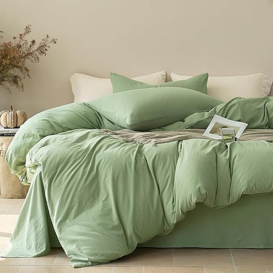 JELLYMONI Duvet Cover Queen Size - Washed Cotton Comforter Cover with Linen-Like Texture,Breathable & Soft Bedding for Modern Home,Guest Room and Everyday Use,Mint Green 1 Duvet Cover & 2 Pillowcases