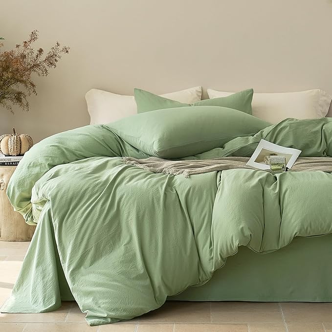 JELLYMONI Duvet Cover King Size - Washed Cotton Comforter Cover with Linen-Like Texture,Breathable & Soft Bedding for Modern Home,Guest Room and Everyday Use,Mint Green 1 Duvet Cover & 2 Pillowcases