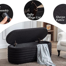 Storage Ottoman Bench Upholstered Fabric Storage Bench End of Bed Stool with Safety Hinge for Bedroom, Living Room, Entryway (45.5-inch, Black)