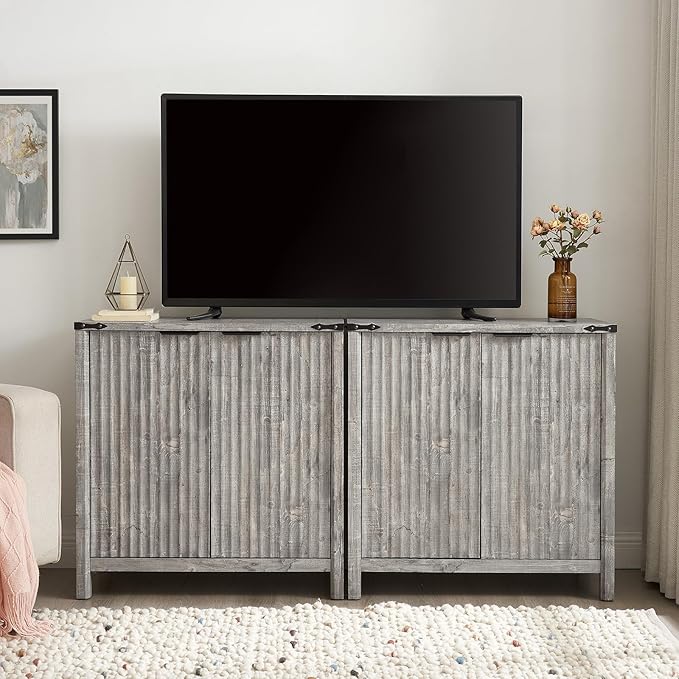 32 Fluted Sideboard Storage Cabinet Buffet - 7-Level Adjustable Shelves, Modern Farmhouse Rustic Kitchen Console Accent Cabinets, Coffee Bar Table for Dining Room