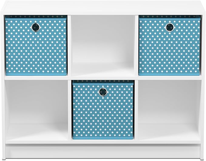 Furinno BASIC Book Shelf, 6-Cube Bookshelf, 3 x 2 Bookcase with Storage Bins, 11.9 x 31.6 x 23.6, for Living Room, Bedroom, Home Office, White/Light Blue