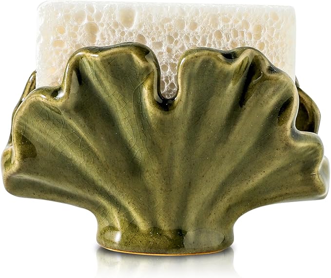 Ceramic Sponge Holder,Sponge Holder for Kitchen Sink,Compact Sink Caddy Organizer-Scouring Pad and Dish Holder,Farmhouse Kitchen Decor Cute Gadgets Accessories(Green)
