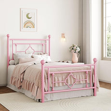 SHA CERLIN 14 Inches Twin Size Metal Platform Bed Frame/Vintage Iron-Art Headboard and Footboard/Mattress Foundation for Storage/No Box Spring Needed/Noise-Free/Easy Assembly/Pink