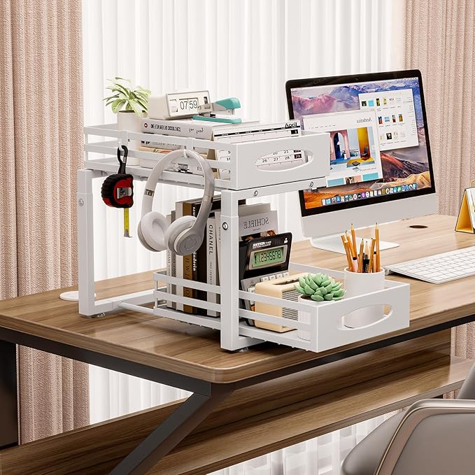 Under Sink Organizer, 2 Tier Under Sink Organizers and Storage, Adjustable Height, Slide out Metal Cabinet Organizers, Pull out Cabinet Storage Drawer Shelf for Kitchen Bathroom