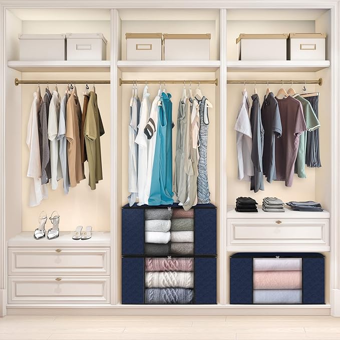 Fab totes Storage Bags,Clothes Blanket Storage Bins Foldable Closet Organizers with Reinforced Handle for Home Dorm Storage and Organization,Fabric Bags for Organizing Sheets,Clothing (Blue,6 Pack)