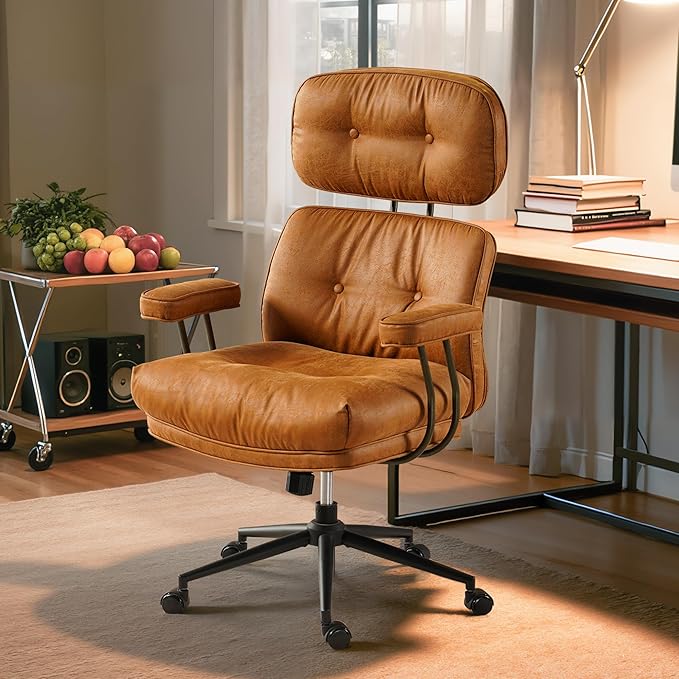 Home Office Desk Chair, Mid-Century Modern Office Chair with Adjustable Lumbar Support, Thickened Cushion Executive Desk Chair with 360 Rolling Swivel for Meeting Game Study Room(Light Brown)