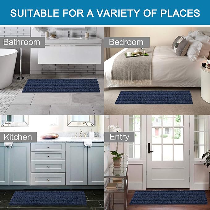 H.VERSAILTEX Bath Rugs for Bathroom Non Slip Bath Mats Extra Thick Chenille Striped Bath Rug Runners 47" x 17" Absorbent Fluffy Soft Shaggy Mats Dry Fast Plush Area Carpet for Bath Room - Navy