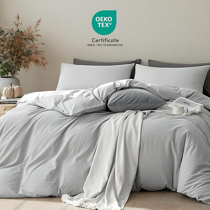 JELLYMONI Duvet Cover Full Size - Washed Cotton Comforter Cover with Linen-Like Texture,Breathable & Soft Bedding for Modern Home,Guest Room and Everyday Use,Pale Grey 1 Duvet Cover & 2 Pillowcases