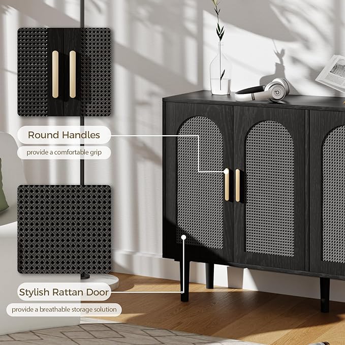 FONTOI Sideboard Cabinet with Rattan Doors, 4 Door Credenza Buffet Cabinet with Storage, Modern Large Kitchen Accent Cabinets for Entryway Living Room & Dining Room, Black Grey