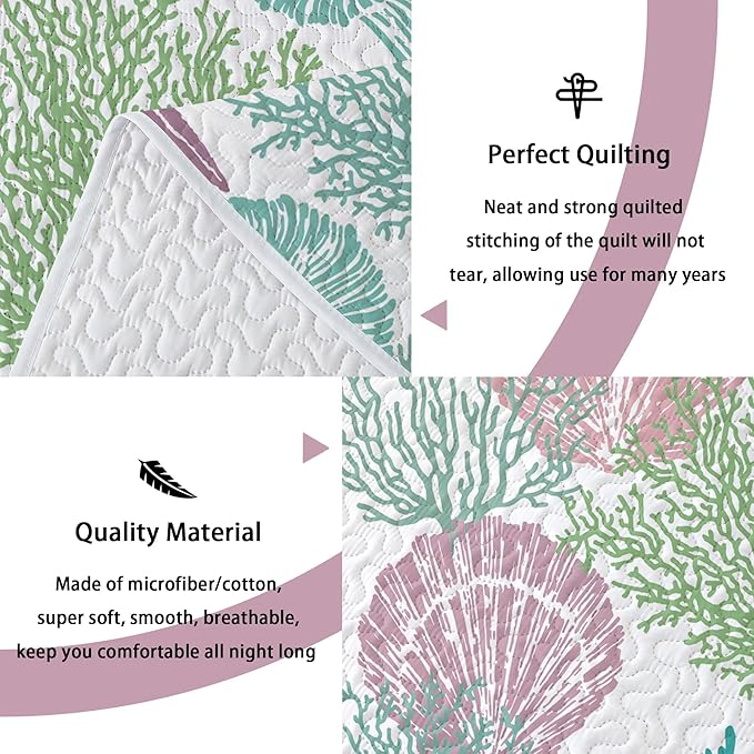Tritard 3 Piece Coastal Quilt Sets Full/Queen Size - Reversible Microfiber Quilts with 2 Shams Soft Lightweight Beach Bedding Nautical Bedspread Coverlet Summer Comforter for All Season, 90''x96'', C5
