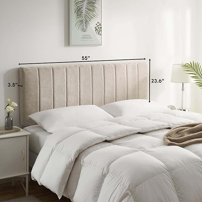 Hearth & Harbor Upholstered Full Headboard - Easy Assemble Channel Stitched Headboard Full Size - Wall Mounted Headboards with 3D Soundproof Wall Panels Peel & Stick Floating Headboards, Beige