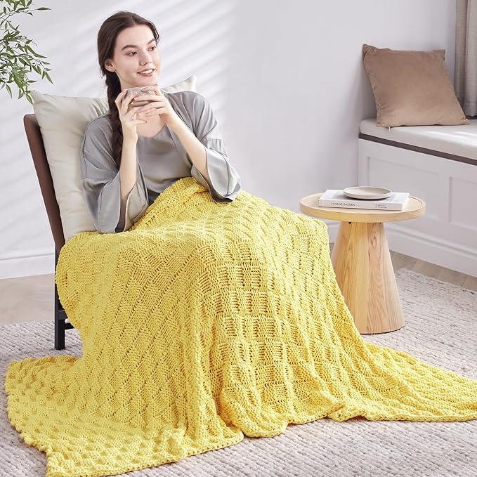 Knitted Weighted Blanket for Adult, No Beads Heavy Blanket 48” x 72'' 12lbs, Breathable Chunky Knit Blanket, Cooling Weighted Blanket for Hot Sleepers, Christmas Home Decor (Yellow)