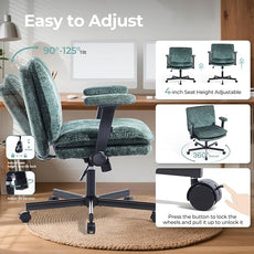 Criss Cross Chair with Flip-Up Arms and Lockable Wheels, Plush Fabric Cross Legged Office Desk Chair,Wider 125°Tilting Adjustable Swivel Computer Chair for Home, Apartment, Bedroom,Green
