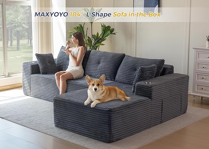 MAXYOYO 104" Modular Sectional Couch with L-Shape Chaise, Modern Boneless Couch for Living Room, Sofa in A Box, Oversized Sofa Sleeper with Deep Seat, No Assembly Required, Dark Grey