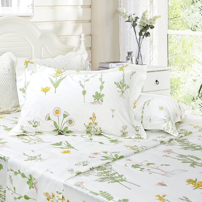 FADFAY 100% Cotton Bed Sheet Set 4-Piece Green Floral Sheet Set 1 Flat Sheet,1 Fitted Sheet and 2 Pillow Cases, Soft Comfortable Bedding Set - Twin Extra Long (Twin XL)