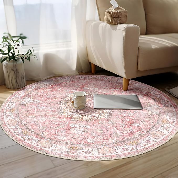 Pink Round Rug 5ft, Circle Boho Area Rugs for Bedroom Living Room Bedside,Washable Vintage Bohemian Distressed Oriental Floral Carpet Non Slip,Blush Floral Flowers