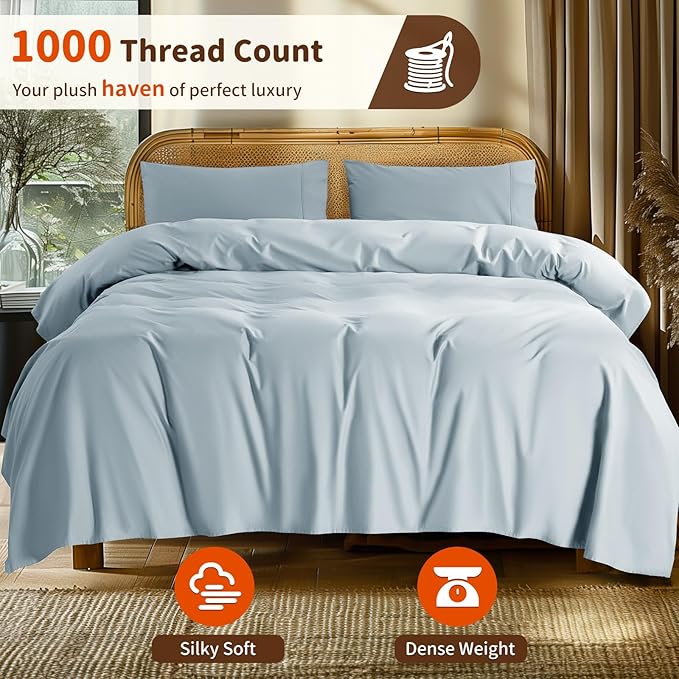 LBRO2M 1000 Thread Count 100% Egyptian Cotton Sheets Set California King Size, 4 Piece Sets Bed Sheet Deep Pocket Sheet Set 16" Soft Comfortable All Season (California King, Ice Blue) LBRO2MBedding