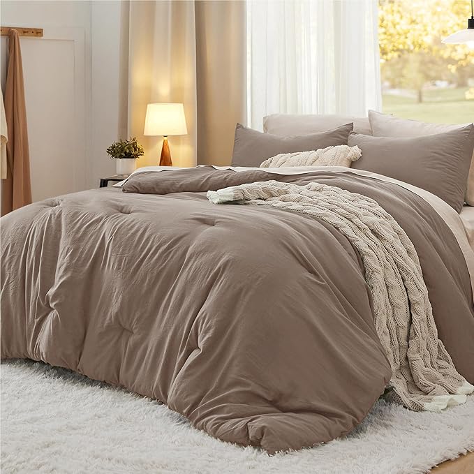 Bedsure California King Size Comforter Set, Brown Soft Prewashed Bedding for All Seasons, 3 Pieces GentleSoft™ Down Alternative Bed Set, 1 Lightweight Comforter (104"x96") and 2 Pillowcases (20"x36")