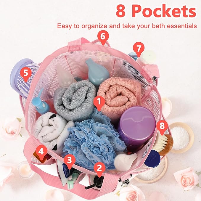 Mesh Shower Caddy Portable for College Dorm Room Essentials, 8-Pocket Large Shower Basket Tote Bag with 2 Handles for Toiletry, Bathroom, Beach, Camp, Gym
