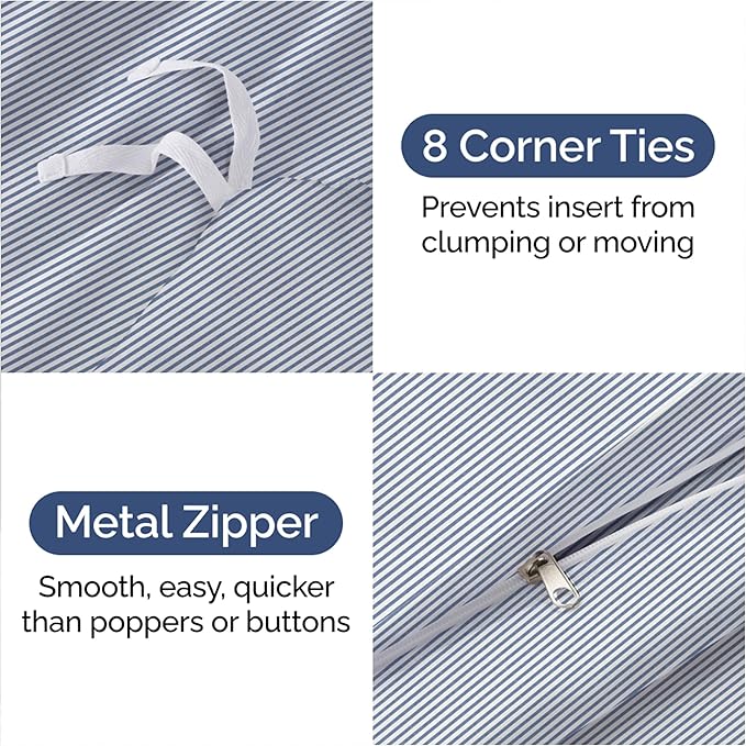 Duvet Cover King Size Set - Extra Soft King Size Duvet Cover 104 x 90 with 2 Pillow Shams - Hotel Luxury Easy Care and Fade Free w/Zipper Closures & Ties - Comfy Breathable Bedding Set (Blue Stripes)