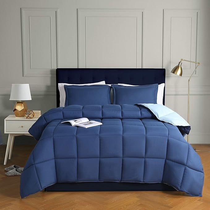 HIG 3pc Down Alternative Comforter Set - All Season Reversible Comforter with Two Shams - Quilted Duvet Insert with Corner Tabs - Box Stitched - Breathable, Soft (King/Cal King, Navy/Light Blue)