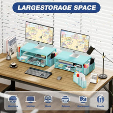 OPNICE Desk Organizers and Accessories, 2-Tier Computer Monitor Stand Riser with Drawer and 2 Pen Holders, Laptop Stand, Office Desk Accessories for Office Supplies, Teal Blue
