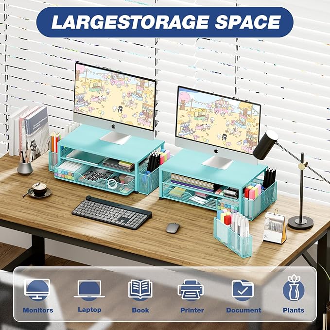 OPNICE Desk Organizers and Accessories, 2-Tier Computer Monitor Stand Riser with Drawer and 2 Pen Holders, Laptop Stand, Office Desk Accessories for Office Supplies, Teal Blue