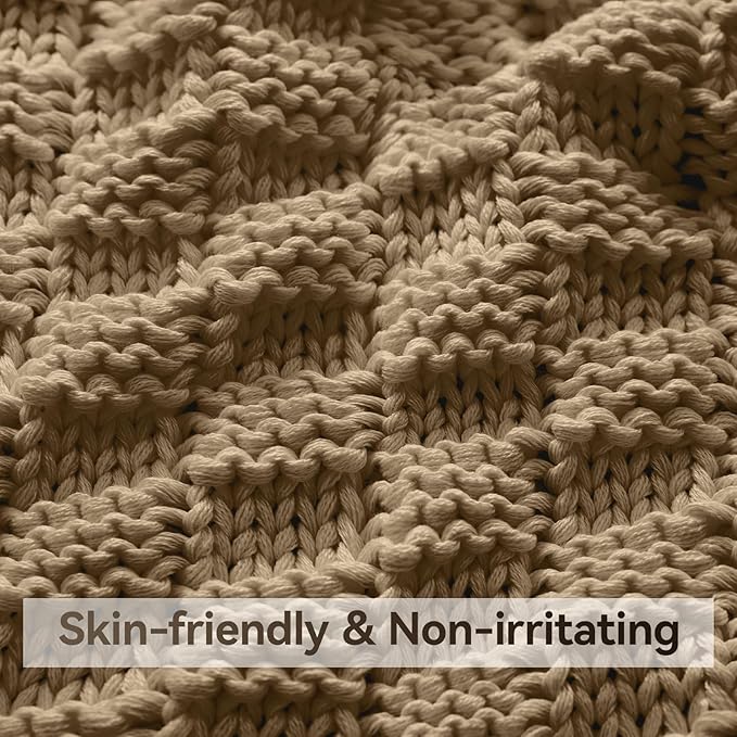 Knitted Weighted Blanket for Adult, No Beads Heavy Blanket 50” x 60'' 7lbs, Breathable Chunky Knit Blanket, Cooling Weighted Blanket for Hot Sleepers, Christmas Home Decor (Camel)