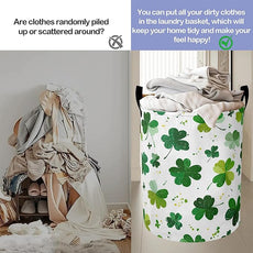 Green Lucky Clover Laundry Basket-Large Foldable Hamper Holder Portable Tall Collapsible Laundry Hamper Storage Basket Bin with Handles, Canvas & Waterproof lining for Household Items
