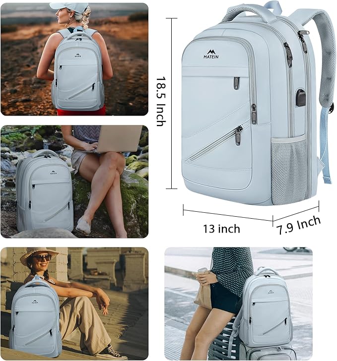 MATEIN Laptop Backpack 17 Inch, Womens Large Work Commute Backpack with USB Charging Port, Water Resistant Anti Theft Computer Bag for Students, Travel Daypack with Luggage Strap, Haze Blue
