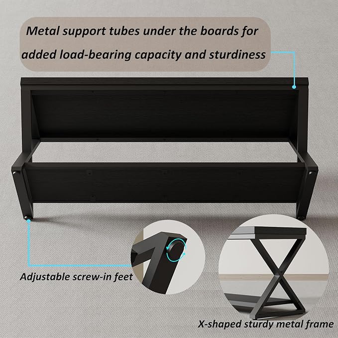 IBF Black Bench, Modern Entryway Bench for Bedroom, Wood Metal Storage Hallway Bench for Dining Living Room, Farmhouse Shoe Rack Indoor Accent Seating Bench for Foyer Entrance, Black Oak, 47 Inch Long