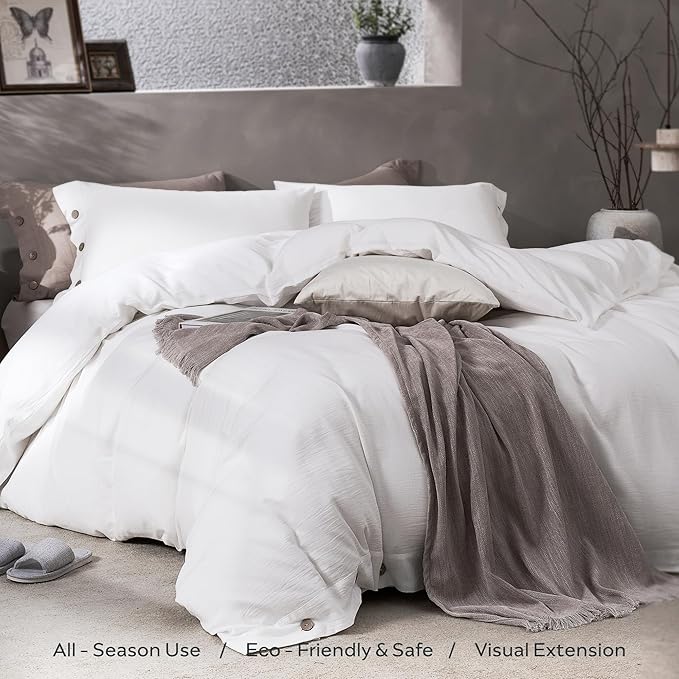 JELLYMONI Washed Cotton Duvet Cover - Off White, King Size 104x90 Inches, 3-Piece Bedding Set with Button Closure, Includes 1 Duvet Cover & 2 Pillowcases (Comforter Not Included)