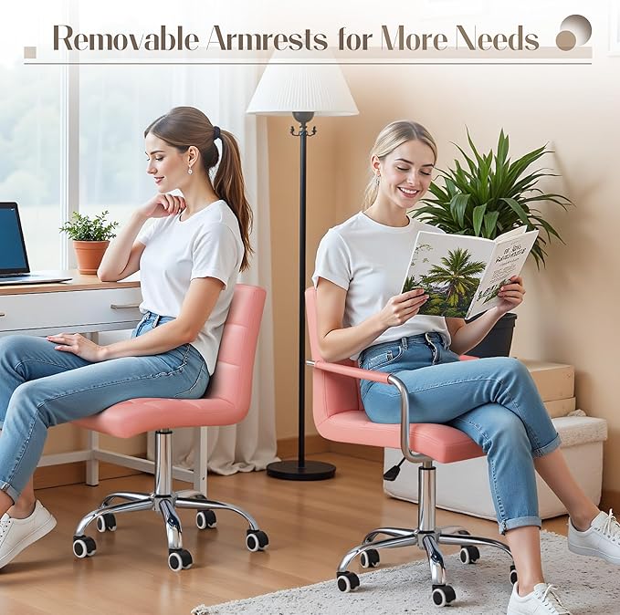 Furmax Mid-Back Office Task Chair Ribbed PU Leather Executive Chair Modern Adjustable Home Desk Chair Retro Comfortable Work Chair 360 Degree Swivel with Arms (Pink)