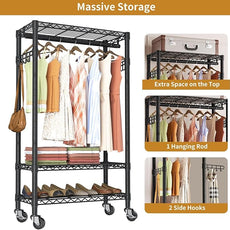 Heavy Duty Clothes Rack Rolling Garment Rack,3 Tier Adjustable Wire Shelving Clothing Racks for Hanging Clothes with Hanger Rod&Side Hooks,Freestanding Wardrobe Storage Rack Metal Portable Closet