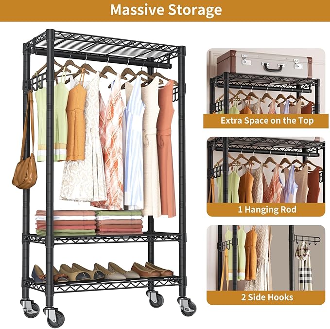 Heavy Duty Clothes Rack Rolling Garment Rack,3 Tier Adjustable Wire Shelving Clothing Racks for Hanging Clothes with Hanger Rod&Side Hooks,Freestanding Wardrobe Storage Rack Metal Portable Closet