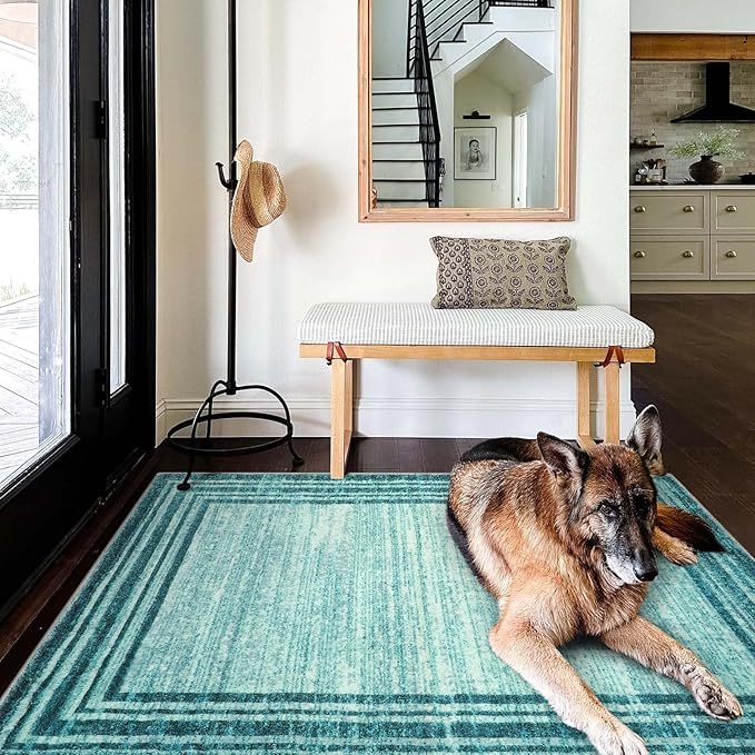 Lahome Modern Abstract Area Rug, Washable Teal 3x5 Kitchen Rugs Non Slip Large Entryway Rug Indoor, Low-Pile Soft Bathroom Mat Minimalist Throw Rug for Bedroom Living Room Stain Resistance