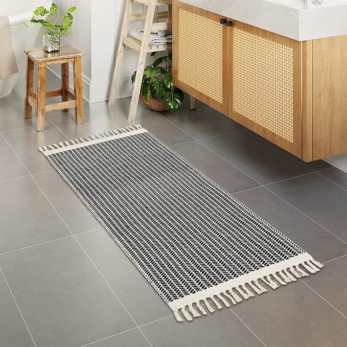 Lahome Boho Rugs for Entryway, 2x5 Laundry Room Rug Lightweigh Cotton Washable Runner Rug with Tassels, Farmhouse Black Bath Door Mats Indoor Non Shedding Runners for Hallways Bedroom