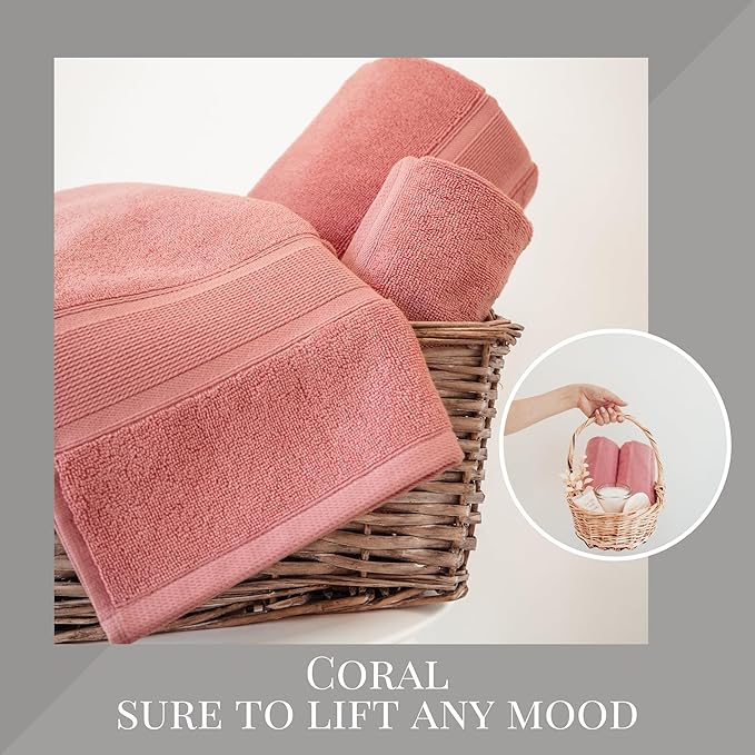 Luzia 8 Piece Bathroom Towel Set - 100% Turkish Cotton, Premium Quality - 2 Bath Towels 2 Hand Towels and 4 Washcloths (Coral)