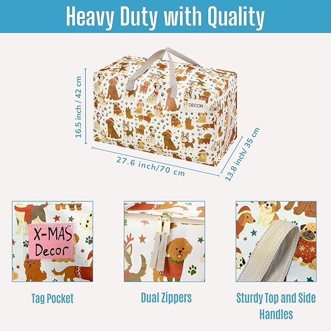 VENO 2 Pack Moving Bags and Large Christmas Decoration Storage Bins with lids. Alternative to Moving Boxes, Packing Supplies for College. Heavy Duty Totes (Holiday Pups, 2 Pack)